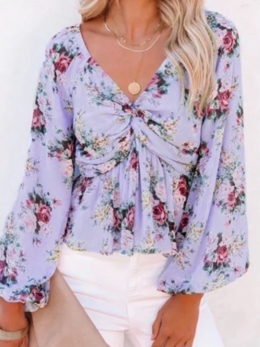 VICI Light Purple Floral Twist-Front Blouse